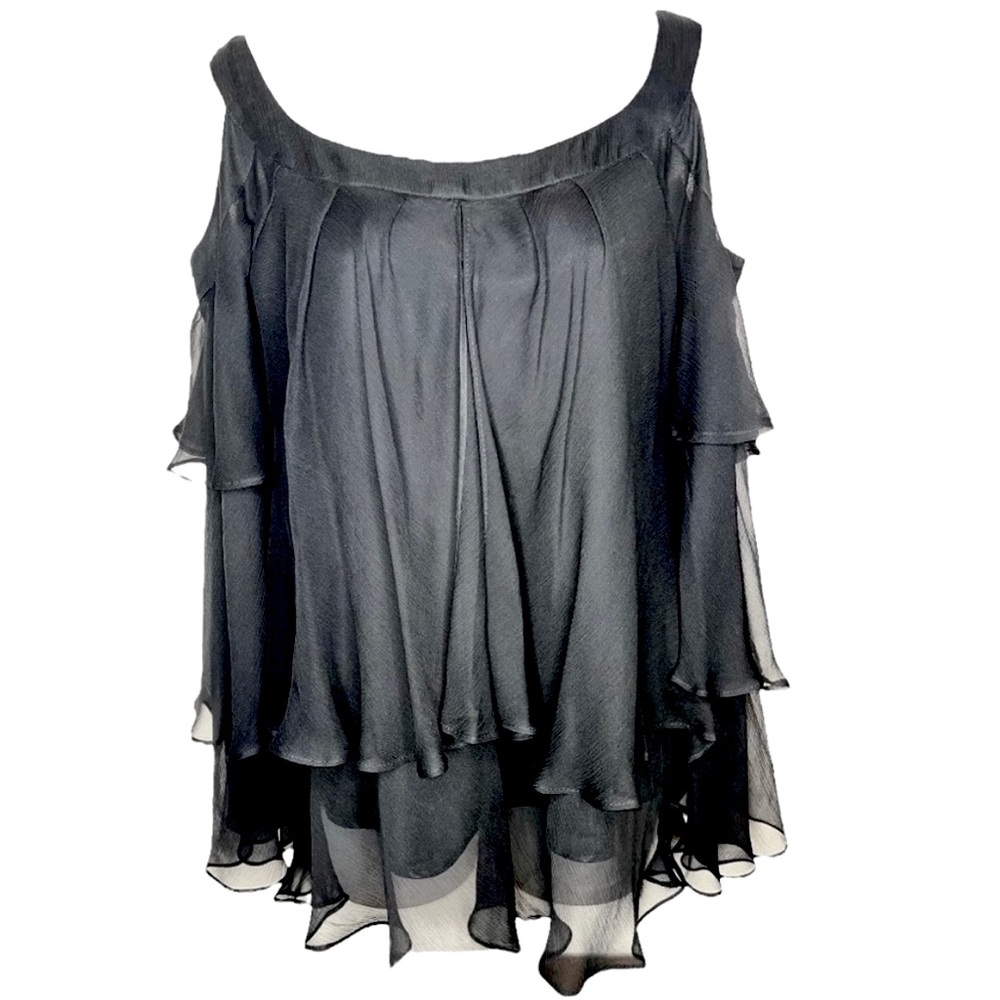 KENAR Black Silk Ruffle Tiered Cold Shoulder Top Whimsigoth Evening Drapey Large